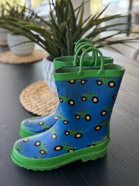 New - Kids Blue Tractor Rain Boots with Green Trim